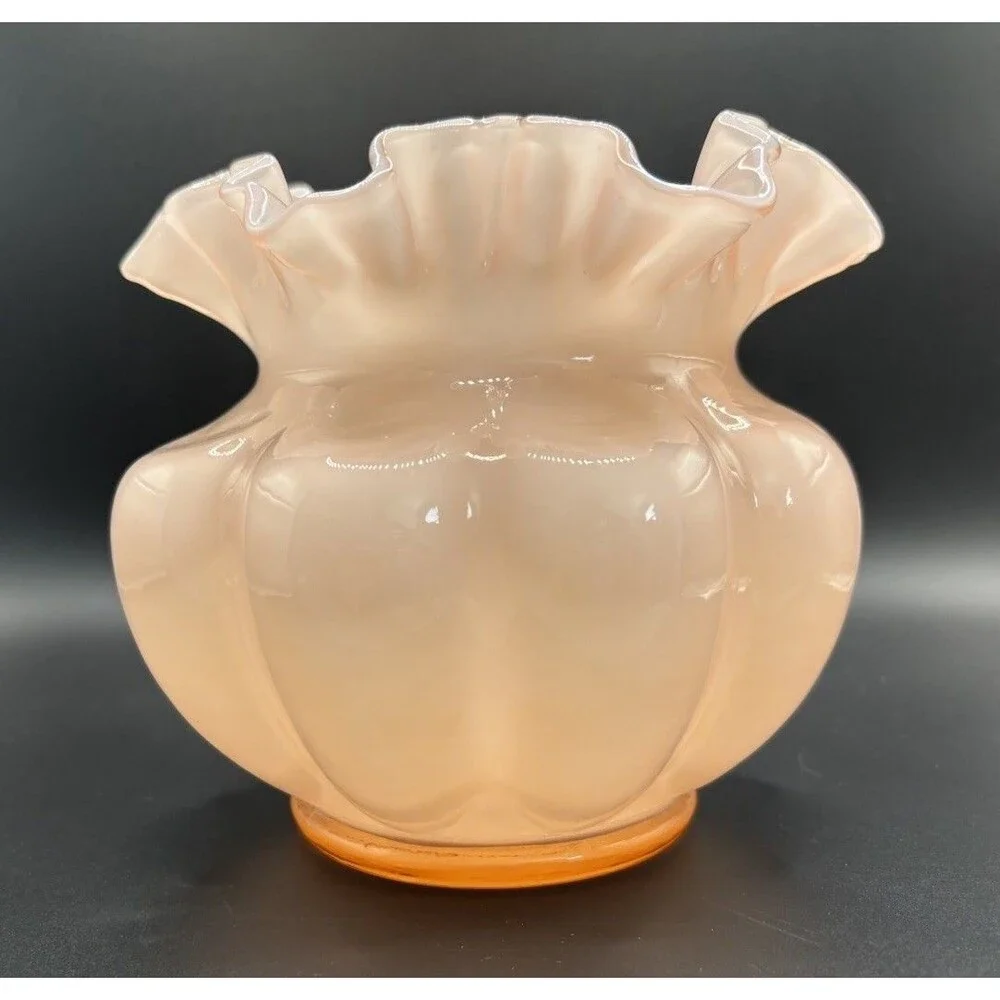 Vintage Fenton Peach Pink Double Crimped Cased Glass Melon Overlay Bowl Vase 6”